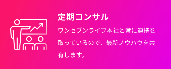 定期コンサル ワンセブンライブ本社と常に連携を取っているので、最新ノウハウを共有します。